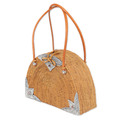 Natural fiber handle bag, 'Perseverant Sunrise' - Handcrafted Natural Fiber Handle Bag with Garnet Stones