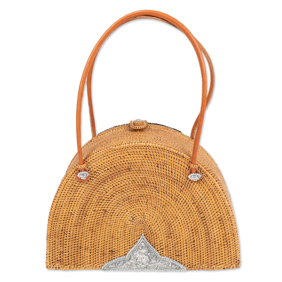 Natural fiber handle bag, 'Perseverant Sunrise' - Handcrafted Natural Fiber Handle Bag with Garnet Stones