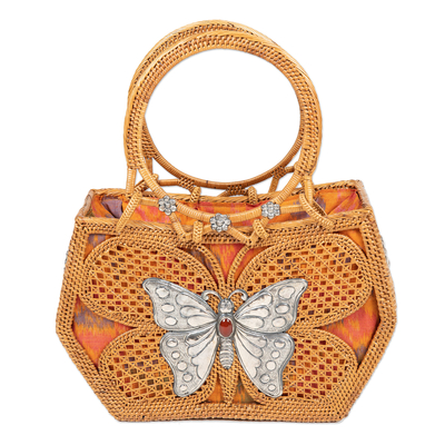 Natural fiber handle bag, 'Creative Spirit' - Butterfly-Themed Natural Fiber Handle Bag with Tourmaline