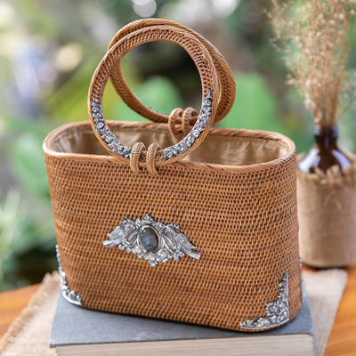 Natural fiber handle bag, 'Soothing Nature' - Sterling Silver and Natural Fiber Handle Bag with Gemstone