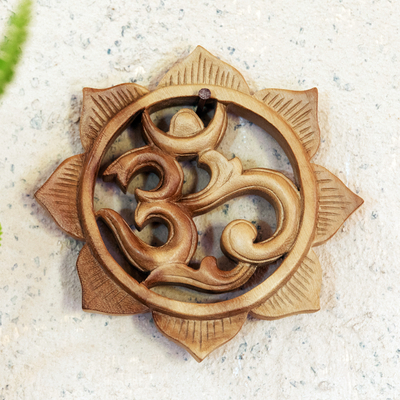 Wood relief panel, 'Om Lotus' - Hand-Carved Lotus-Themed Suar Wood Relief Panel with Om Sign