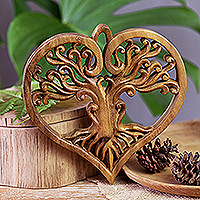 Wood relief panel, 'Heart of the Earth' - Hand-Carved Heart-Shaped Tree Suar Wood Relief Panel