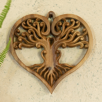 Panel en relieve de madera - Panel de relieve de madera de suar de árbol en forma de corazón tallado a mano