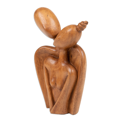 Wood sculpture, 'Sending my Love to You' - Abstract Wood Sculpture of Couple Hand-Carved in Bali