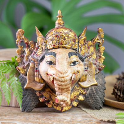 Máscara de madera - Máscara de madera de acacia de Ganesha tradicional hecha a mano de Bali