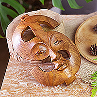 Máscara de madera, 'Fortuna espiritual' - Máscara de madera de suar tallada a mano en forma de signo de dólar de Bali