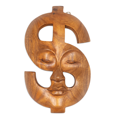 Holzmaske - Handgeschnitzte Suar-Holzmaske in Form eines Dollarzeichens aus Bali