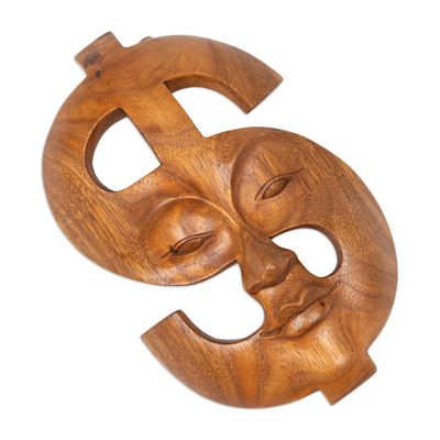 Máscara de madera - Máscara de madera de suar con forma de signo de dólar tallada a mano de Bali