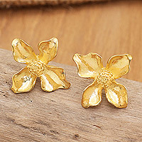 Pendientes botón chapados en oro - Aretes de botón de orquídeas chapados en oro de 18 k con acabado pulido
