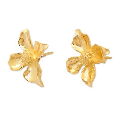 Pendientes botón chapados en oro - Aretes de botón de orquídeas chapados en oro de 18 k con acabado pulido