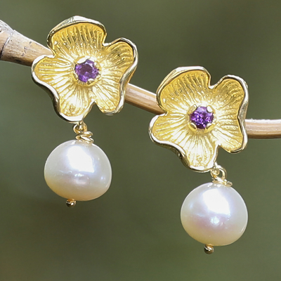 Gold-plated cultured pearl and amethyst dangle earrings, 'Orchids of the Wise' - 18k Gold-Plated Floral Dangle Earrings with Pearls and Gems