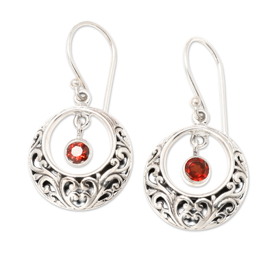 Garnet dangle earrings, 'Baturiti Garden in Red' - Sterling Silver Dangle Earrings with Swaying Garnet Stone