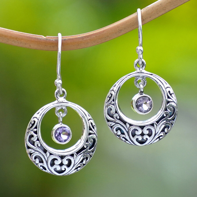Amethyst dangle earrings, 'Baturiti Garden in Purple' - Sterling Silver Dangle Earrings with Swaying Amethyst Stone