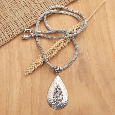 Sterling silver pendant necklace, 'Bright Drop' - Silver Teardrop Pendant Necklace with Hammered Finish