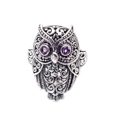 Amethyst cocktail ring, 'Purple Baby Owl' - Amethyst and Sterling Silver Owl Cocktail Ring from Bali