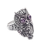 Amethyst cocktail ring, 'Purple Baby Owl' - Amethyst and Sterling Silver Owl Cocktail Ring from Bali
