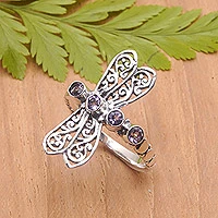 Amethyst cocktail ring, 'Purple Dragonfly' - Sterling Silver Dragonfly Cocktail Ring with Amethyst Stones