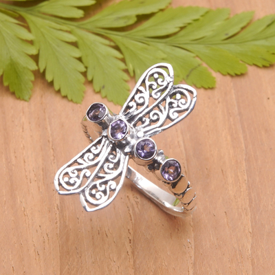 Amethyst cocktail ring, 'Purple Dragonfly' - Sterling Silver Dragonfly Cocktail Ring with Amethyst Stones
