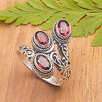 Garnet cocktail ring, 'Flaming Roots' - Sterling Silver Cocktail Ring with Faceted Garnet Stones