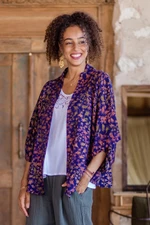 Batik rayon kimono jacket, 'Kintamani' - Batik Kimono Jacket in Blue Purple & Brown with Leaf Motifs