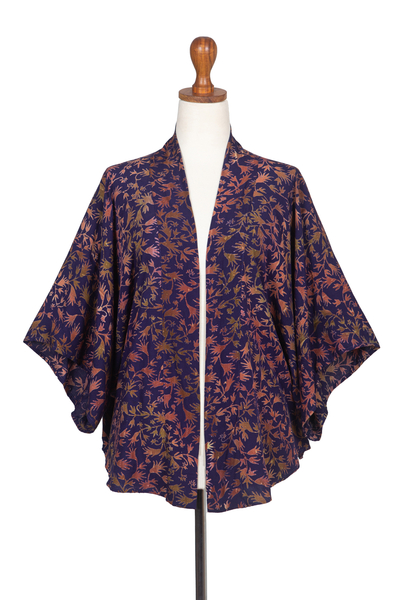 Batik rayon kimono jacket, 'Kintamani' - Batik Kimono Jacket in Blue Purple & Brown with Leaf Motifs