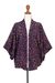Batik rayon kimono jacket, 'Kintamani' - Batik Kimono Jacket in Blue Purple & Brown with Leaf Motifs thumbail