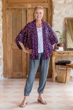 Batik rayon kimono jacket, 'Kintamani' - Batik Kimono Jacket in Blue Purple & Brown with Leaf Motifs