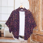 Batik rayon kimono jacket, 'Kintamani' - Batik Kimono Jacket in Blue Purple & Brown with Leaf Motifs