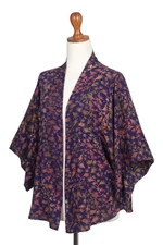 Batik rayon kimono jacket, 'Kintamani' - Batik Kimono Jacket in Blue Purple & Brown with Leaf Motifs