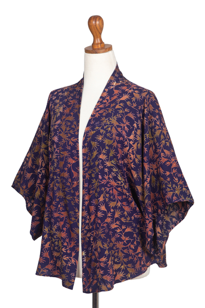 Batik Kimono Jacket in Blue Purple & Brown with Leaf Motifs - Kintamani ...