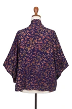Batik rayon kimono jacket, 'Kintamani' - Batik Kimono Jacket in Blue Purple & Brown with Leaf Motifs