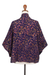 Batik-Kimonojacke aus Viskose, „Kintamani“ – Batik-Kimonojacke in Blau, Lila und Braun mit Blattmotiven