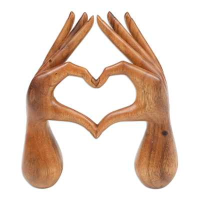 Wood sculpture, 'Loving Hand' - Hand-Carved Inspirational Romantic Suar Wood Sculpture