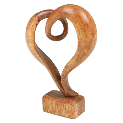 Wood sculpture, 'Valentine Present' - Hand-Carved Heart-Shaped Abstract Suar Wood Sculpture