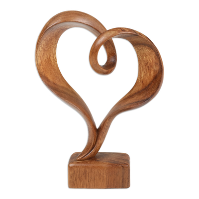 Wood sculpture, 'Valentine Present' - Hand-Carved Heart-Shaped Abstract Suar Wood Sculpture