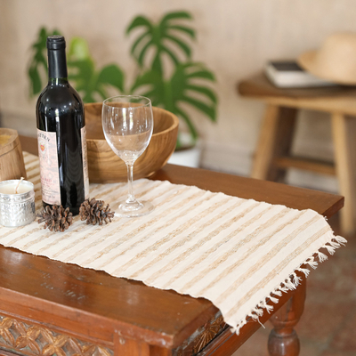 Camino de mesa de mezcla de algodón - Camino de mesa de mezcla de algodón a rayas hecho a mano en marfil y marrón