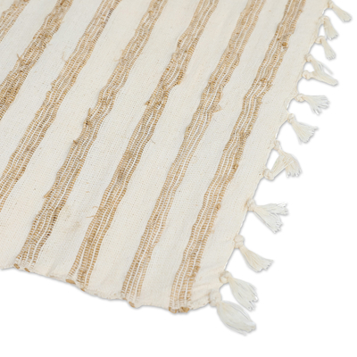 Cotton blend table runner, 'Natural Bohemian' - Handmade Striped Cotton Blend Table Runner in Ivory & Brown