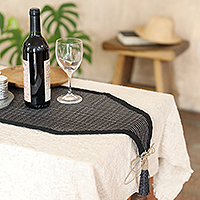 Cotton blend table runner, 'Night Geometry' - Black Cotton Blend Table Runner with Geometric Design