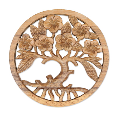 Wood relief panel, 'Frangipani Spring' - Hand-Carved Suar Wood Relief Panel of Tree and Flowers