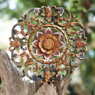 Wood relief panel, 'Blooming Lotus' - Balinese Hand-Carved & Hand-Painted Lotus Wood Relief Panel
