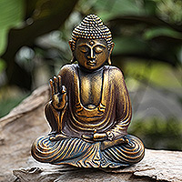 Escultura en Madera, 'Buda Meditando de Noche' - Buda Meditando Escultura en Madera Tallada y Pintada a Mano