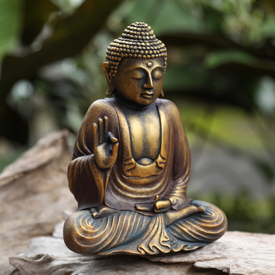 Holzskulptur - Meditierende Buddha-Skulptur aus Holz, von Hand geschnitzt und bemalt