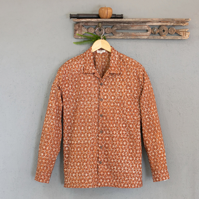 Camisa de hombre de algodón batik - Camisa de algodón batik geométrico Russet and Salamander para hombre