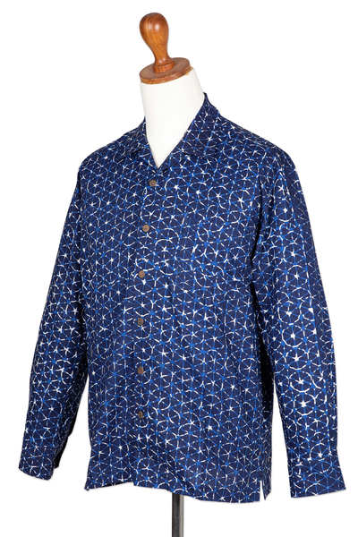 Camisa de hombre de algodón batik - Camisa con cuello de algodón batik para hombre hecha a mano en tonos azules