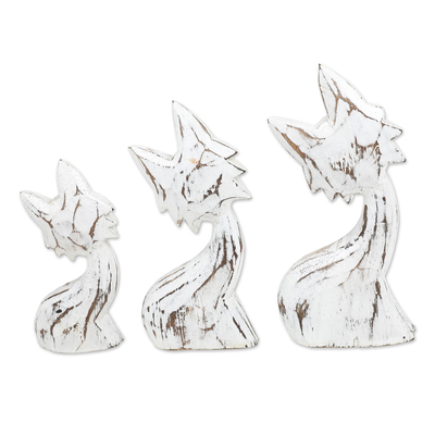 Wood statuettes, 'Feline Noses' (set of 3) - Set of 3 Handmade White and Red Albesia Wood Cat Statuettes