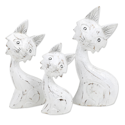 Wood statuettes, 'Feline Glances' (set of 3) - Set of 3 Handcrafted White Albesia Wood Cat Statuettes