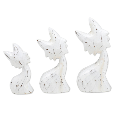 Wood statuettes, 'Feline Glances' (set of 3) - Set of 3 Handcrafted White Albesia Wood Cat Statuettes