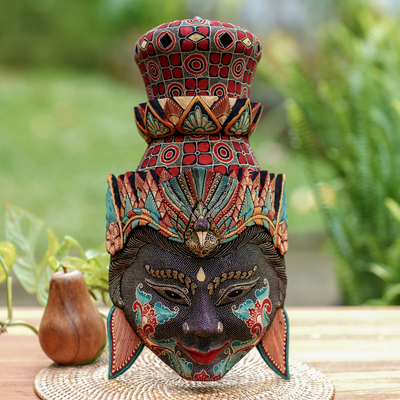 Máscara de madera - Máscara de rama de madera batik pule hecha a mano con detalle de pájaro