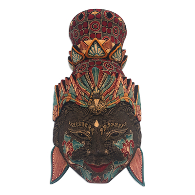 Máscara de madera - Máscara de rama de madera batik pule hecha a mano con detalle de pájaro