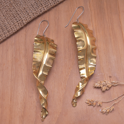 Brass dangle earrings, 'Summer Foliage' - Leafy-Themed Brass Dangle Earrings in a High Polish Finish